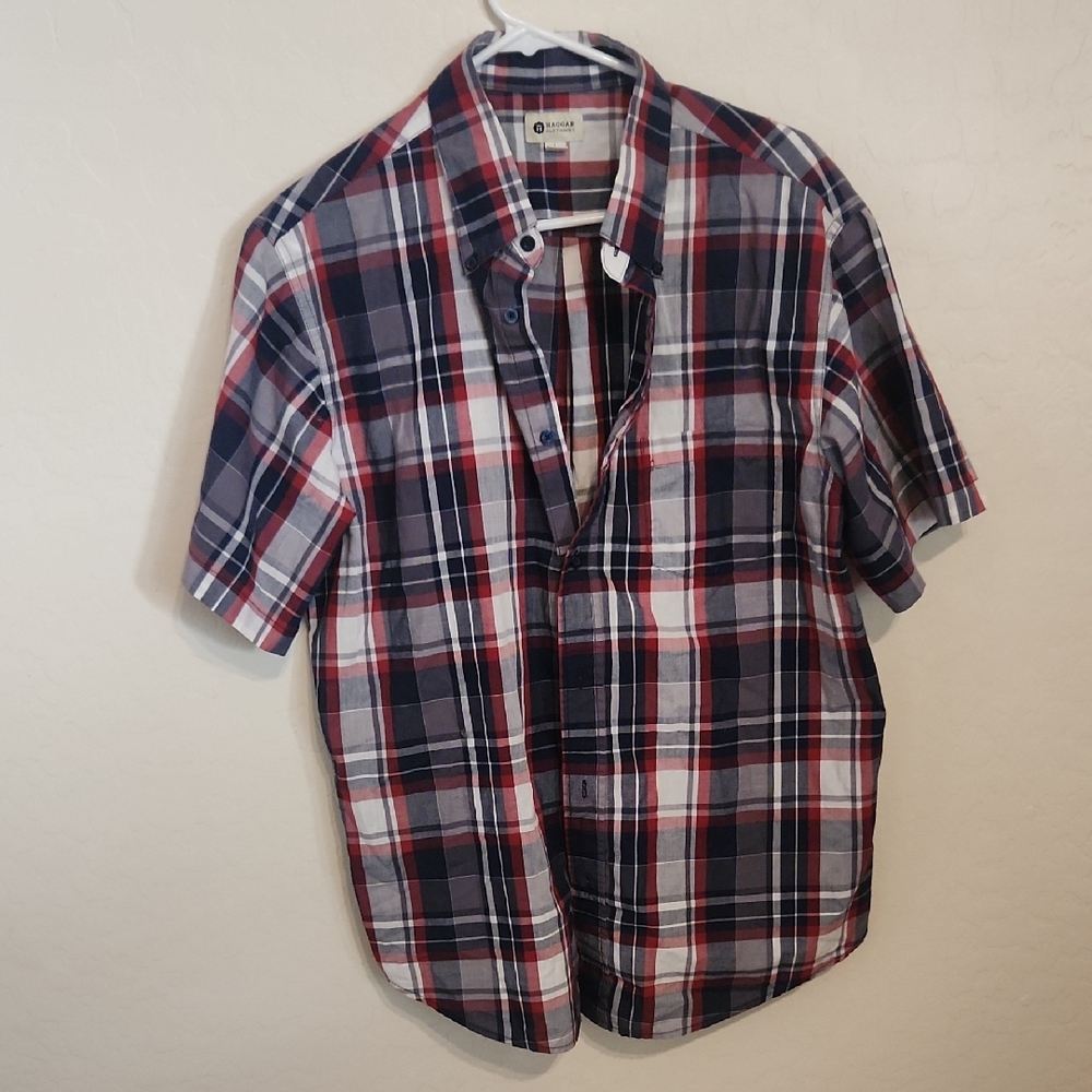 Haggar Men's Plaid Button-Down Shirt - Navy, Red, and White